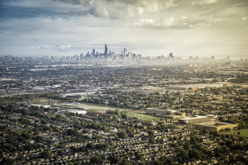 Typical Suburbs Buildings Against Chicago Downtown