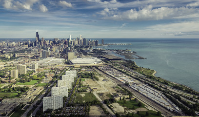 Aerial view of Chicago Downtown with railroad track and semi trailers