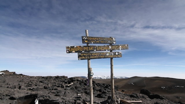 Shot of the sign on top of Kilimanjaro summit