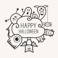 Happy Halloween countour outline doodle. Ghost, bat, pumpkin, spider, monster set. Cloud frme. White background Flat design
