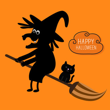 Happy Halloween witch and black cat silhouette. Cloud in the sky. Orange background. Flat design