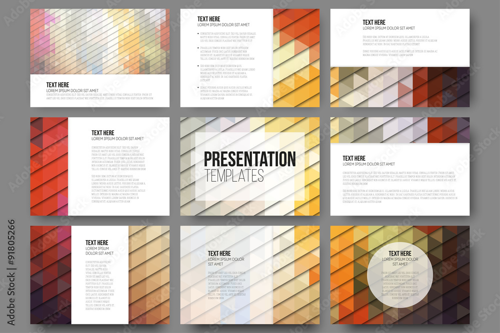 Poster set of 9 templates for presentation slides. abstract vibrant