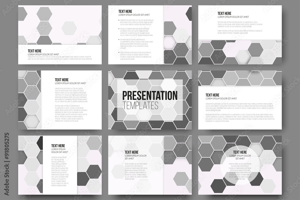 Poster set of 9 templates for presentation slides. geometric gray