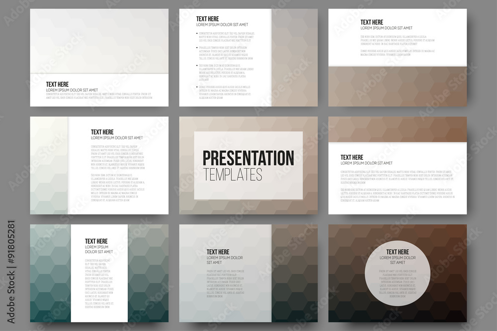 Poster set of 9 templates for presentation slides. geometric blurred