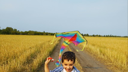 A cute boy is running with a colorful kite on the field.