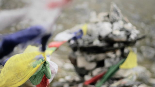Focus from prayer flags to chorten