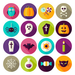 Fototapeta premium Flat Halloween Trick or Treat Circle Icons Set with long Shadow
