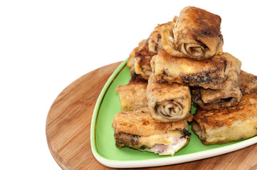 Stuffed pancakes rolled bacon sour cream salami cheese