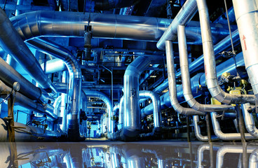 Industrial zone, Steel pipelines in blue tones with reflection