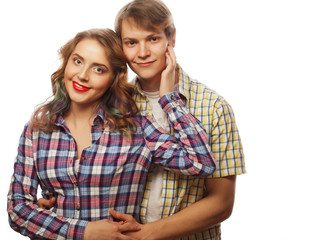  lovely happy couple hugging over white background.