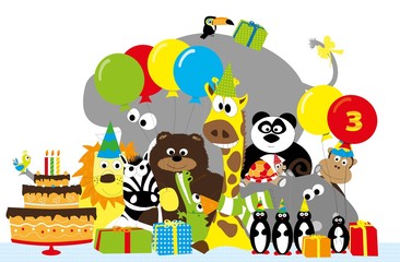 Obraz na płótnie Canvas 3 birthday party - group of wild animals with balloons and birthday cake