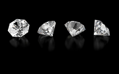 3d collection of four various diamonds isolated on black background