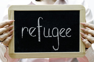 Refugee word written on blackboard/chalckboard