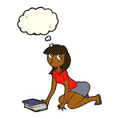 cartoon girl picking up book with thought bubble