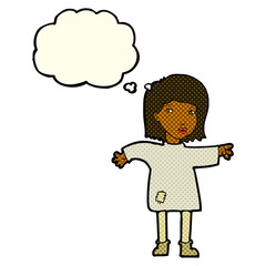cartoon woman in patched clothing with thought bubble