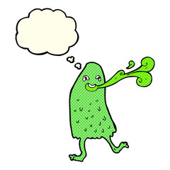 cartoon funny slime monster with thought bubble