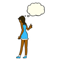 cartoon woman waving with thought bubble