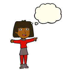 Obraz na płótnie Canvas cartoon happy woman pointing with thought bubble