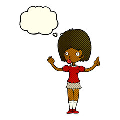 cartoon woman explaining her point with thought bubble
