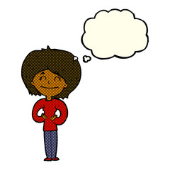 cartoon happy woman with thought bubble