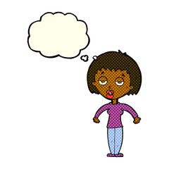 cartoon woman shrugging shoulders with thought bubble