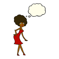 cartoon woman posing in dress with thought bubble