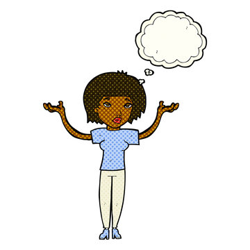 recommend clip art: cartoon woman shrugging shoulders with thought bubble