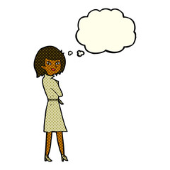 cartoon woman in trench coat with thought bubble