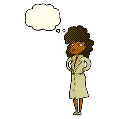 cartoon woman in trench coat with thought bubble
