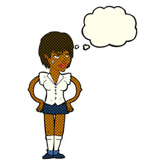 cartoon tough woman with hands on hips with thought bubble