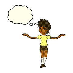 cartoon woman shrugging shoulders with thought bubble