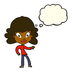 cartoon woman pointing with thought bubble