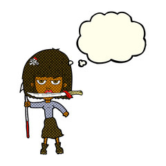 cartoon woman with knife and harpoon with thought bubble