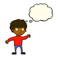 cartoon happy boy with thought bubble