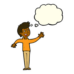 cartoon man waving with thought bubble