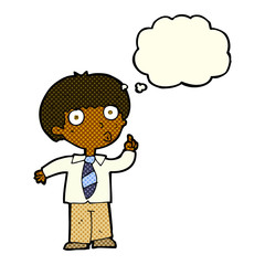 cartoon school boy with question with thought bubble