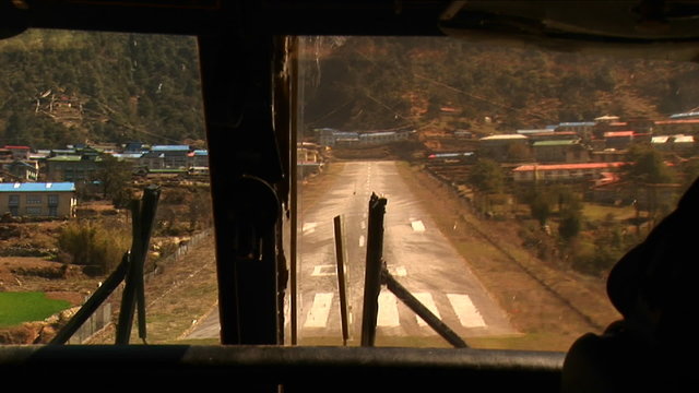 Cockpit view of plane landing at Lukla