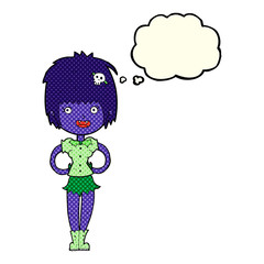 cartoon happy vampire girl with thought bubble