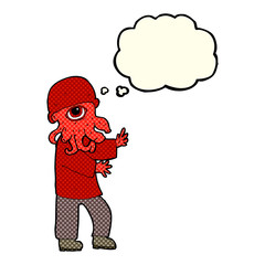 cartoon alien man with thought bubble