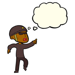 cartoon man in bike helmet pointing with thought bubble