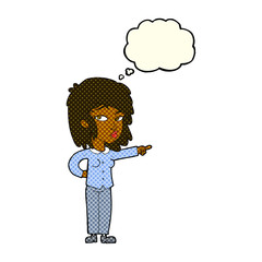 cartoon woman pointing with thought bubble