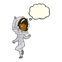 cartoon woman wearing space helmet with thought bubble