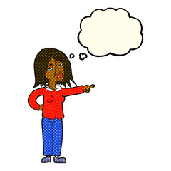cartoon woman pointing with thought bubble