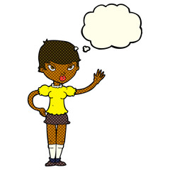 cartoon woman waving with thought bubble