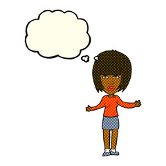 cartoon woman shrugging shoulders with thought bubble