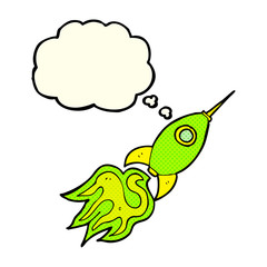 cartoon space rocket with thought bubble