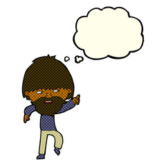 cartoon bearded man pointing and laughing with thought bubble