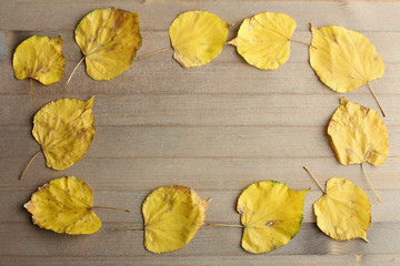 Fototapeta na wymiar yellow leaves on wooden background