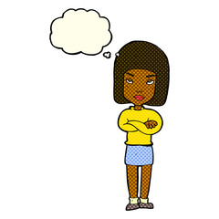 cartoon woman with crossed arms with thought bubble