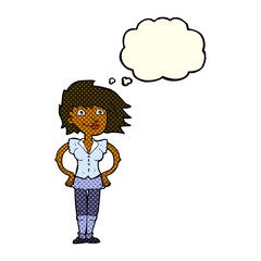cartoon woman with hands on hips with thought bubble